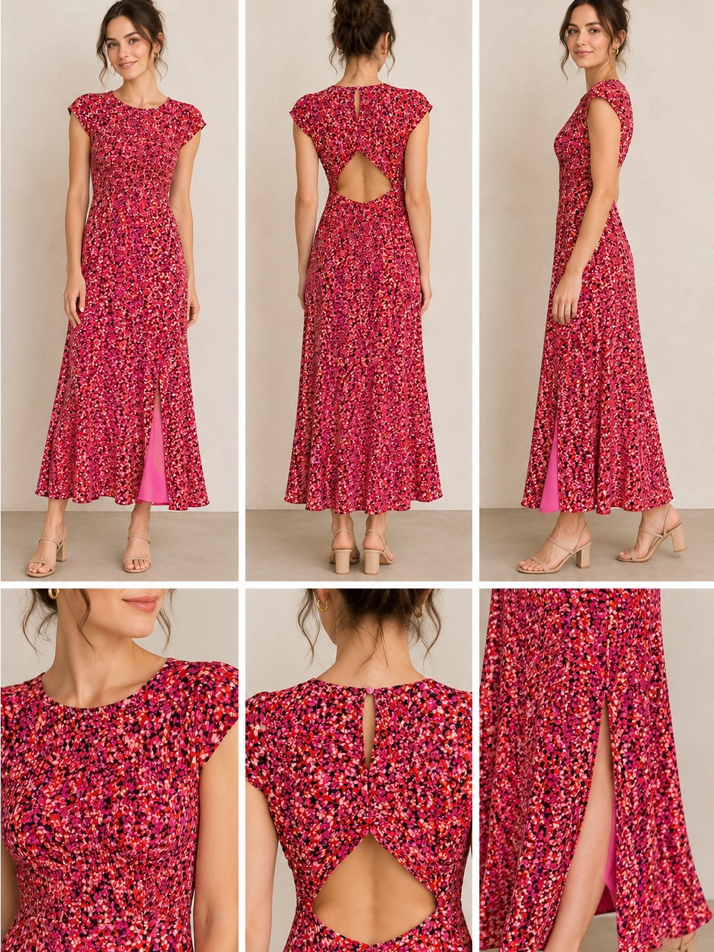 Reiss Pink Floral Cap-Sleeve Maxi Dress